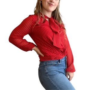 Daniel Rainn Red Print Long Sleeve Chiffon Tie Neck Blouse Size Small
